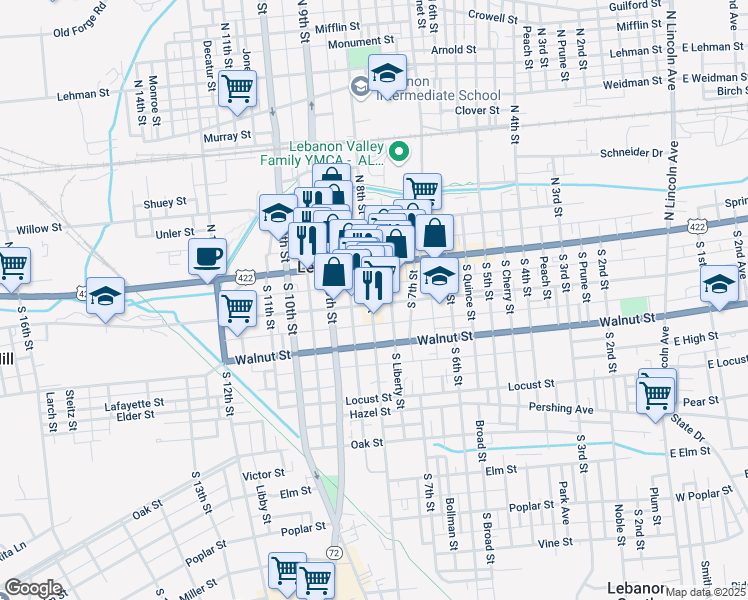 map of restaurants, bars, coffee shops, grocery stores, and more near 46 South 8th Street in Lebanon