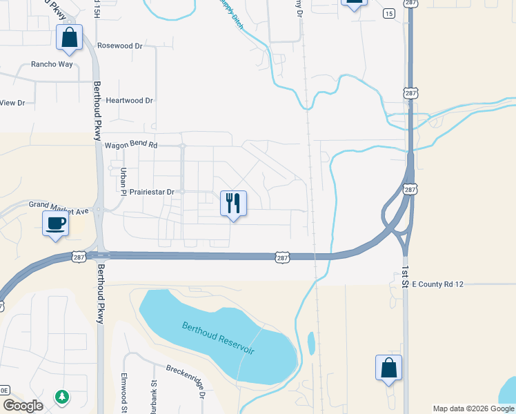 map of restaurants, bars, coffee shops, grocery stores, and more near 543 Country Road in Berthoud