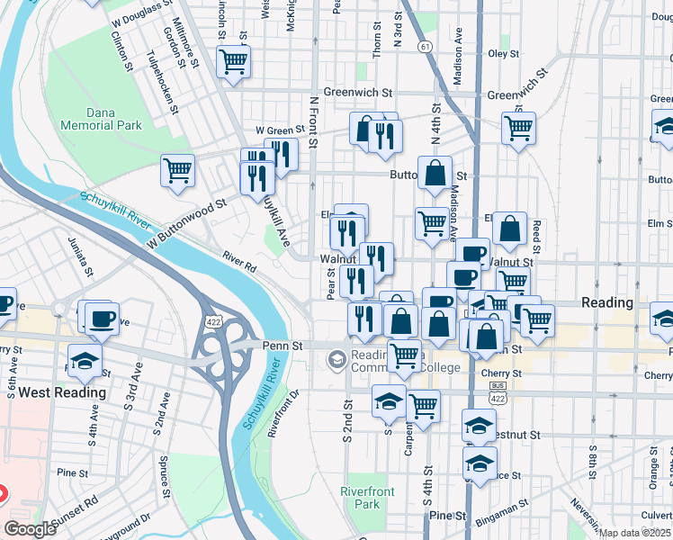 map of restaurants, bars, coffee shops, grocery stores, and more near 155 Pear Street in Reading