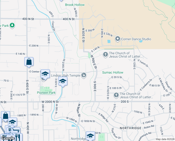 map of restaurants, bars, coffee shops, grocery stores, and more near 14 North 850 East in Lindon