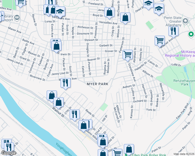 map of restaurants, bars, coffee shops, grocery stores, and more near 3002 Riverview Street in McKeesport