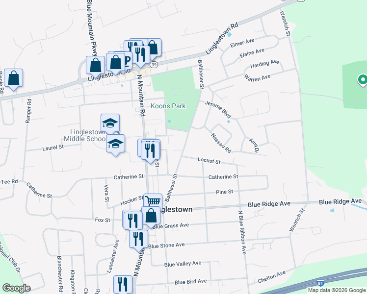 map of restaurants, bars, coffee shops, grocery stores, and more near 1130 Balthaser Street in Harrisburg