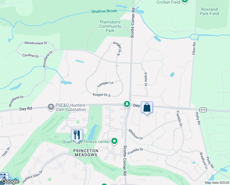 map of restaurants, bars, coffee shops, grocery stores, and more near 21 Kinglet Drive South in Plainsboro Township