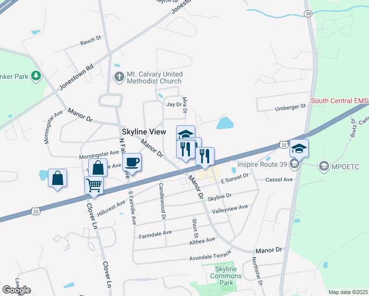 map of restaurants, bars, coffee shops, grocery stores, and more near 7740 Manor Drive in Hanover