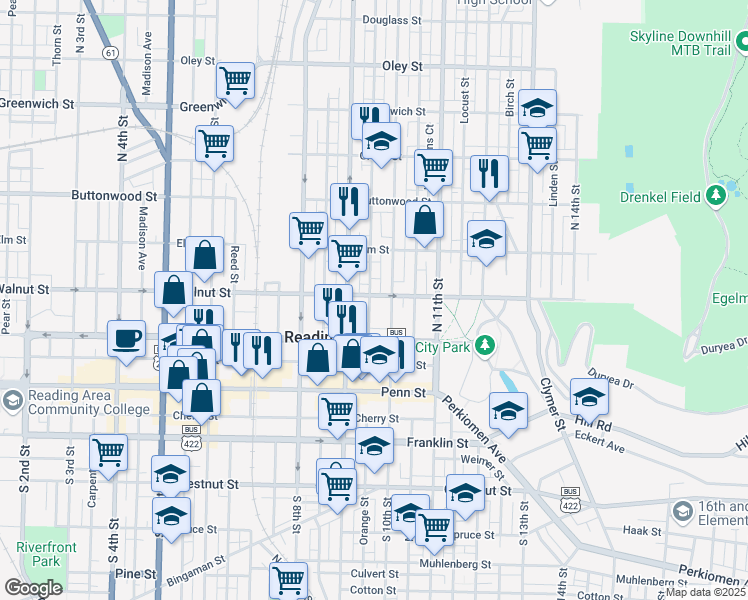 map of restaurants, bars, coffee shops, grocery stores, and more near 926 Walnut Street in Reading