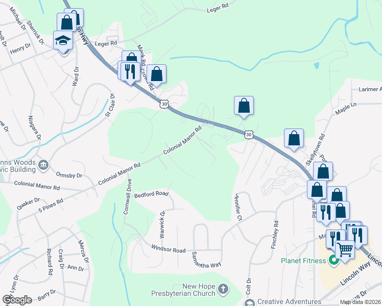 map of restaurants, bars, coffee shops, grocery stores, and more near 131 Colonial Manor Road in Irwin