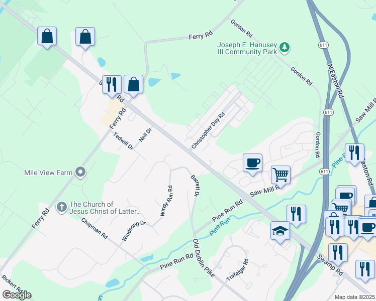map of restaurants, bars, coffee shops, grocery stores, and more near 4727 Swamp Road in Doylestown
