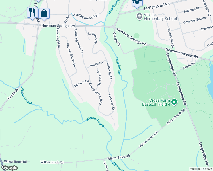 map of restaurants, bars, coffee shops, grocery stores, and more near 37 Ladwood Drive in Holmdel