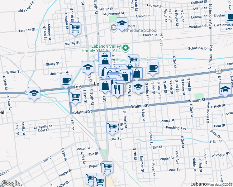 map of restaurants, bars, coffee shops, grocery stores, and more near 813 Chestnut Street in Lebanon