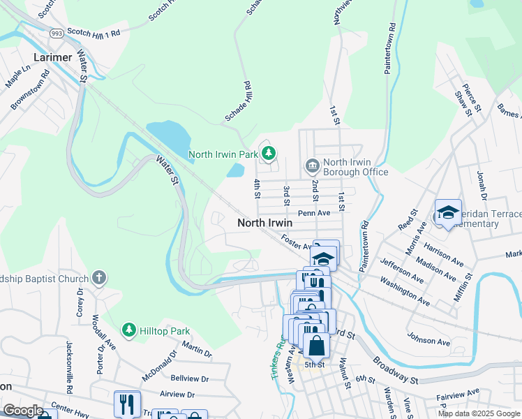 map of restaurants, bars, coffee shops, grocery stores, and more near in North Irwin