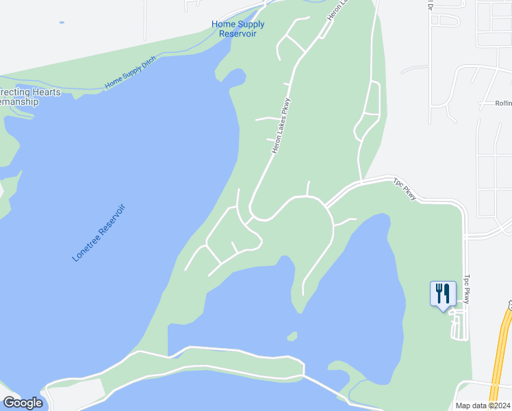 map of restaurants, bars, coffee shops, grocery stores, and more near 2786 Heron Lakes Parkway in Berthoud