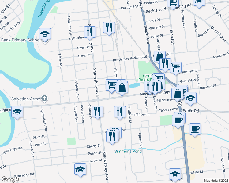 map of restaurants, bars, coffee shops, grocery stores, and more near 172 Newman Springs Road East in Red Bank