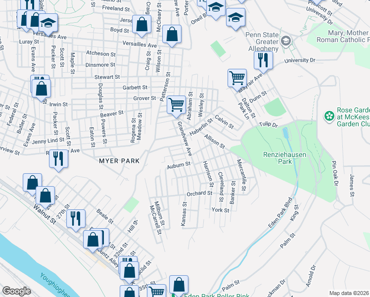 map of restaurants, bars, coffee shops, grocery stores, and more near 2114 Grandview Avenue in McKeesport