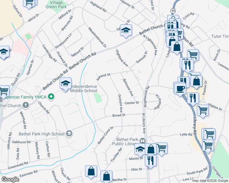 map of restaurants, bars, coffee shops, grocery stores, and more near 5024 Orchard Avenue in Bethel Park