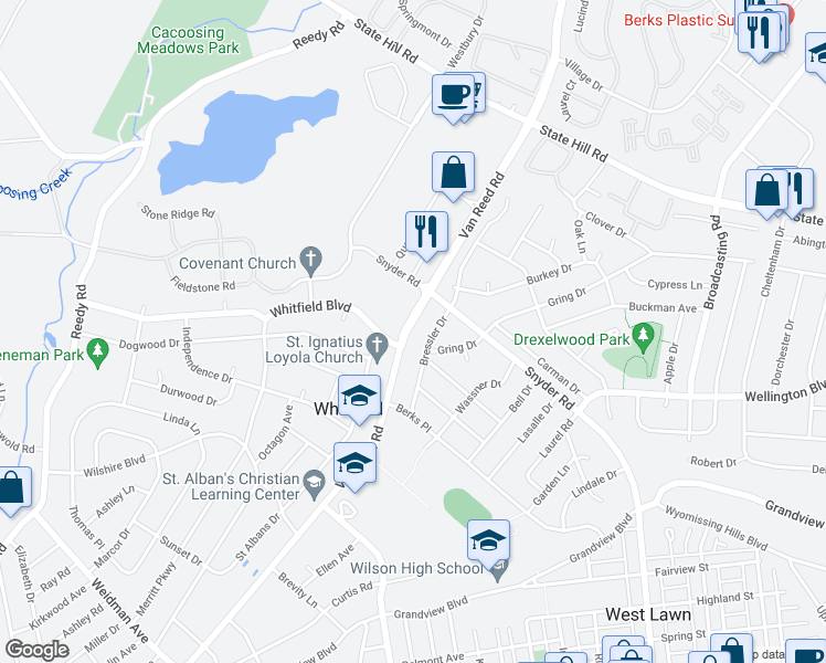 map of restaurants, bars, coffee shops, grocery stores, and more near 2310 Van Reed Road in West Lawn
