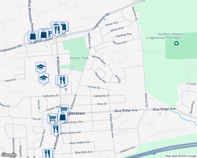 map of restaurants, bars, coffee shops, grocery stores, and more near 6121 Nassau Road in Harrisburg