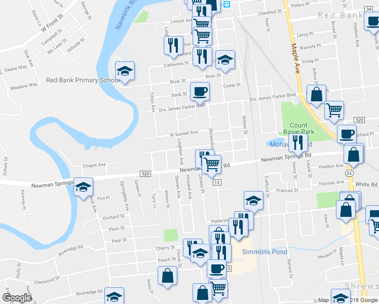 map of restaurants, bars, coffee shops, grocery stores, and more near 41 West Westside Avenue in Red Bank