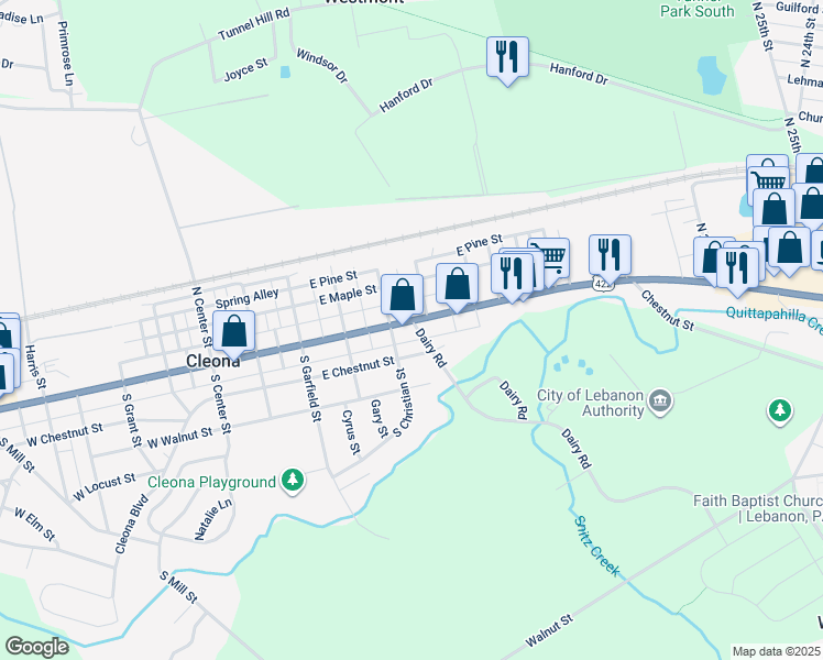 map of restaurants, bars, coffee shops, grocery stores, and more near 416 East Penn Avenue in Cleona