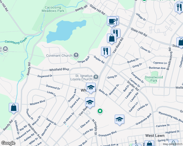 map of restaurants, bars, coffee shops, grocery stores, and more near 2501 Saint Albans Drive in Reading