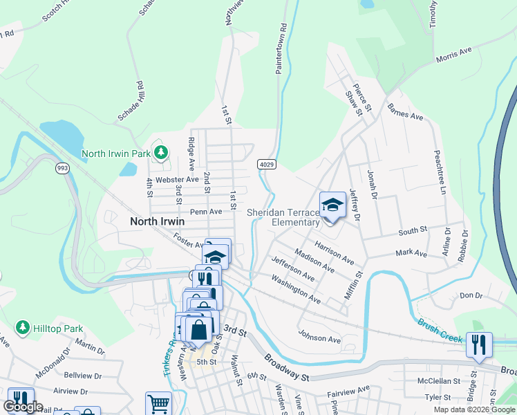 map of restaurants, bars, coffee shops, grocery stores, and more near 1210 Paintertown Road in Irwin