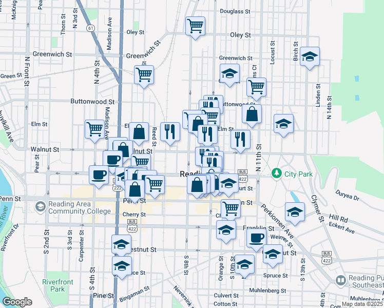 map of restaurants, bars, coffee shops, grocery stores, and more near in Reading