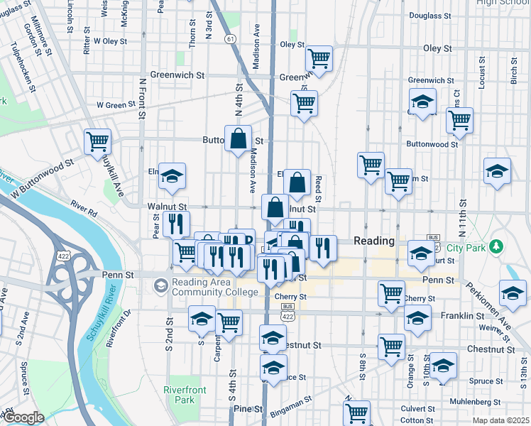 map of restaurants, bars, coffee shops, grocery stores, and more near 146 North 5th Street in Reading