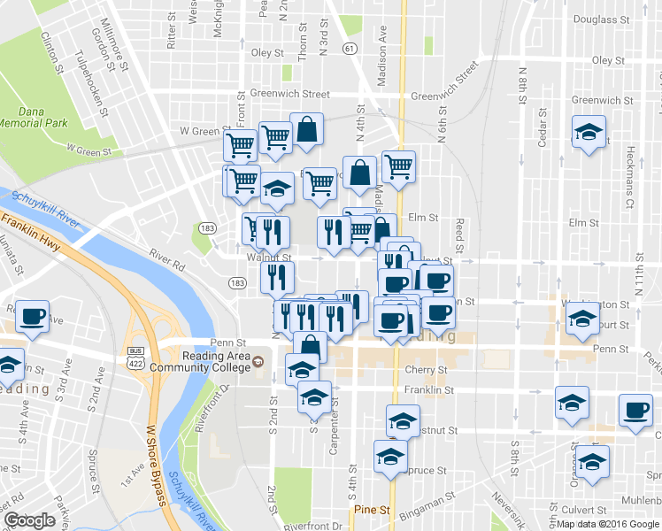 map of restaurants, bars, coffee shops, grocery stores, and more near 316 Walnut Street in Reading