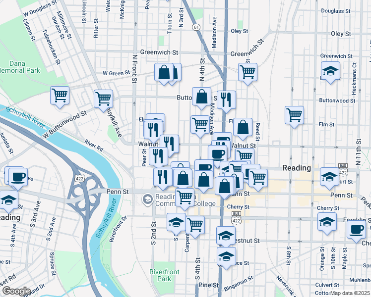 map of restaurants, bars, coffee shops, grocery stores, and more near 316 Walnut Street in Reading