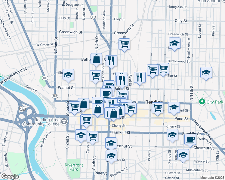 map of restaurants, bars, coffee shops, grocery stores, and more near 147 North 5th Street in Reading