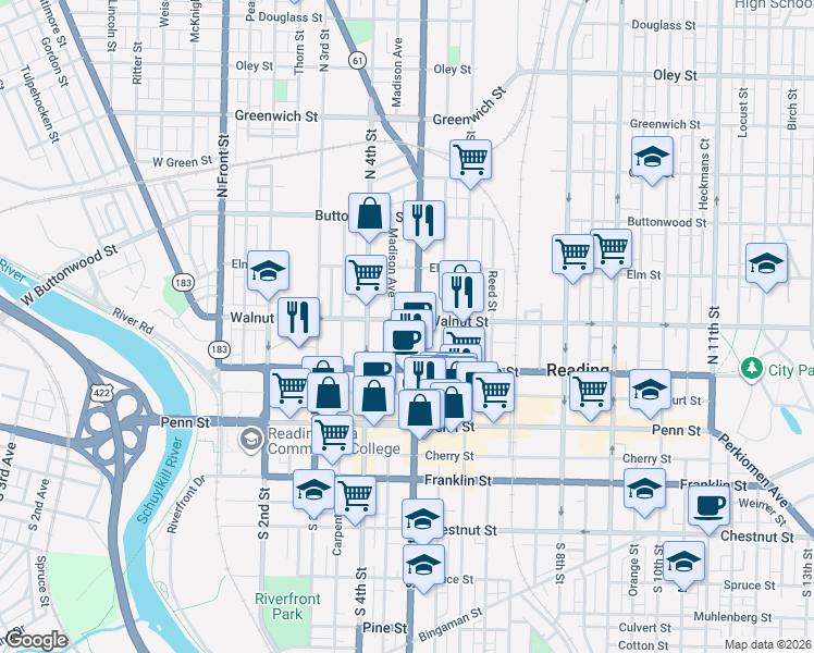 map of restaurants, bars, coffee shops, grocery stores, and more near 131 Madison Avenue in Reading