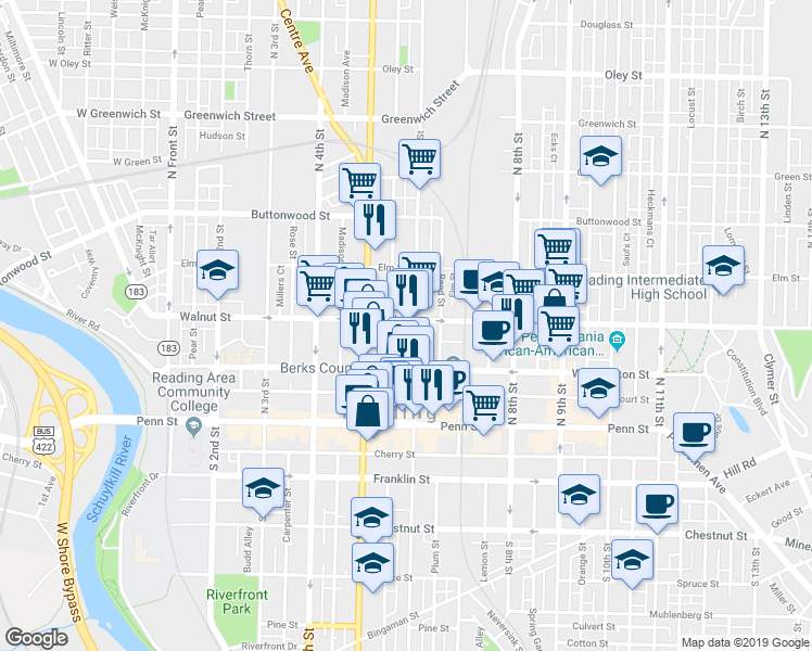 map of restaurants, bars, coffee shops, grocery stores, and more near 538 Walnut Street in Reading