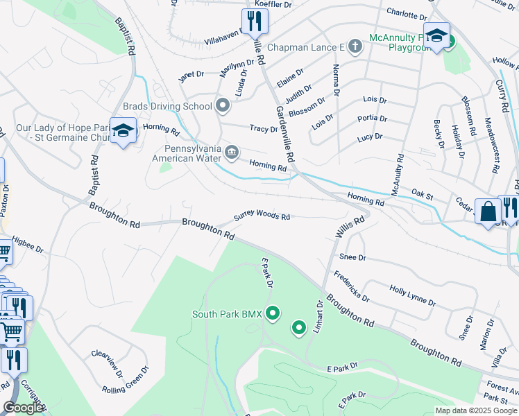 map of restaurants, bars, coffee shops, grocery stores, and more near 1035 Surrey Woods Road in Bethel Park