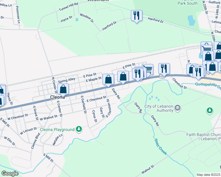 map of restaurants, bars, coffee shops, grocery stores, and more near 416 East Penn Avenue in Cleona