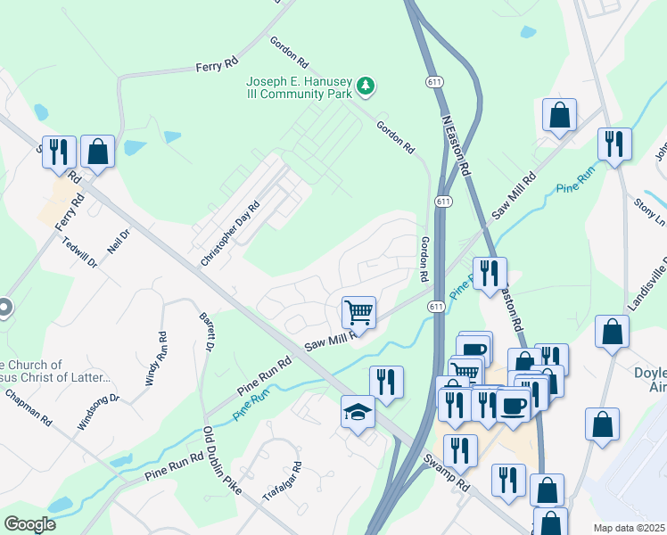 map of restaurants, bars, coffee shops, grocery stores, and more near 3718 Swetland Drive in Doylestown