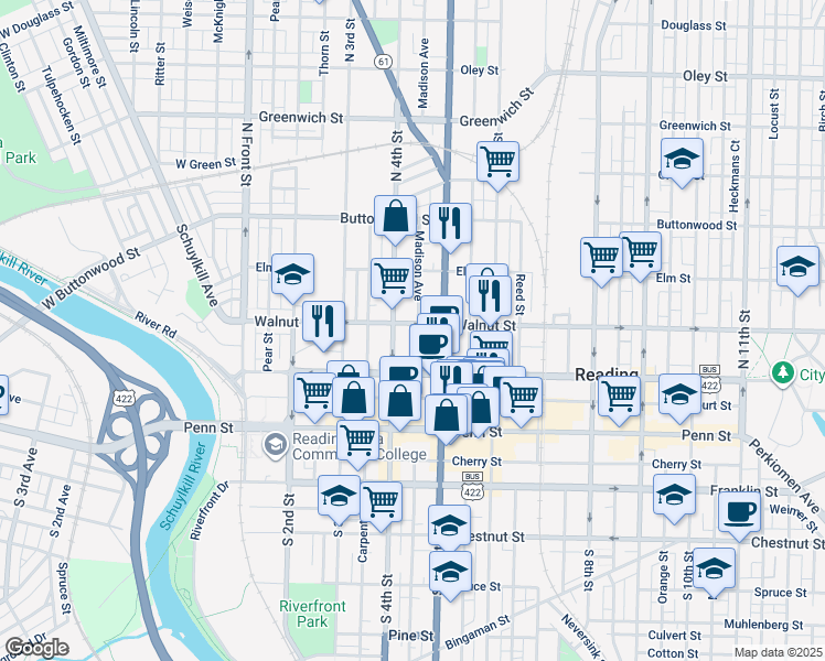 map of restaurants, bars, coffee shops, grocery stores, and more near 416 Walnut Street in Reading
