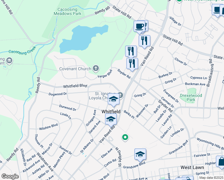 map of restaurants, bars, coffee shops, grocery stores, and more near 1109 Dogwood Drive in Reading