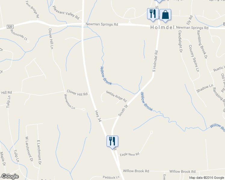 map of restaurants, bars, coffee shops, grocery stores, and more near 16 Saddle Ridge Road in Monmouth County