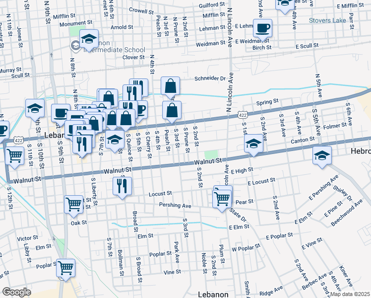 map of restaurants, bars, coffee shops, grocery stores, and more near 228 Chestnut Street in Lebanon