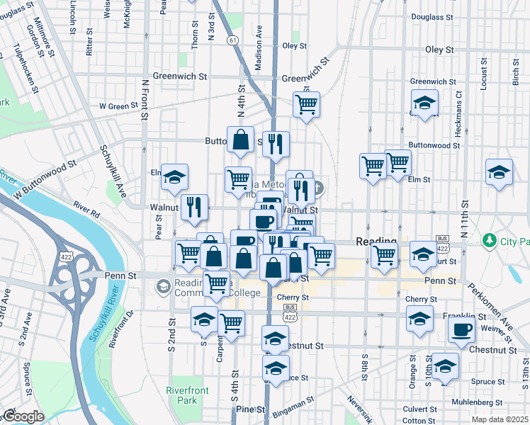 map of restaurants, bars, coffee shops, grocery stores, and more near 131 Madison Avenue in Reading