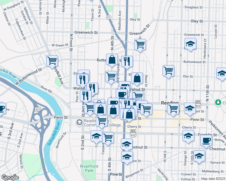 map of restaurants, bars, coffee shops, grocery stores, and more near 138 North 4th Street in Reading