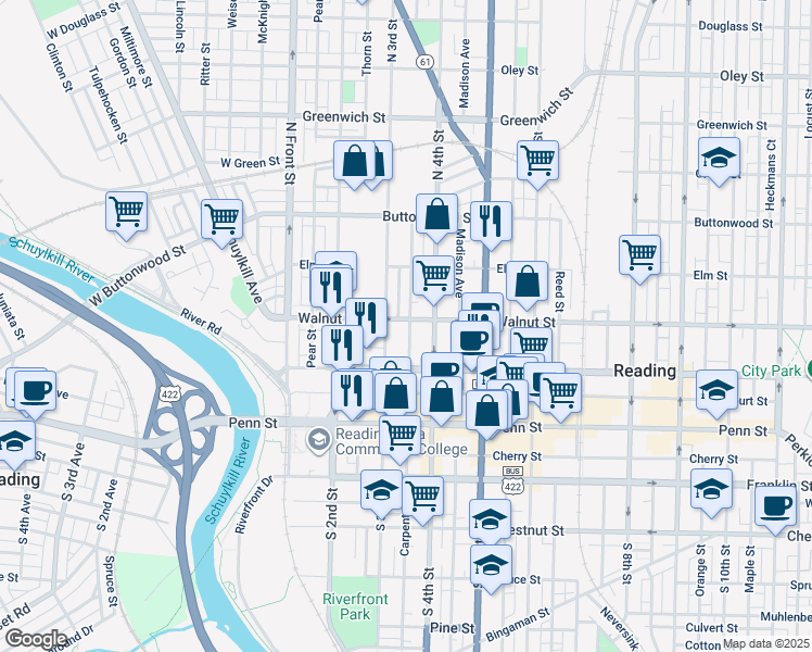 map of restaurants, bars, coffee shops, grocery stores, and more near 133 North 3rd Street in Reading