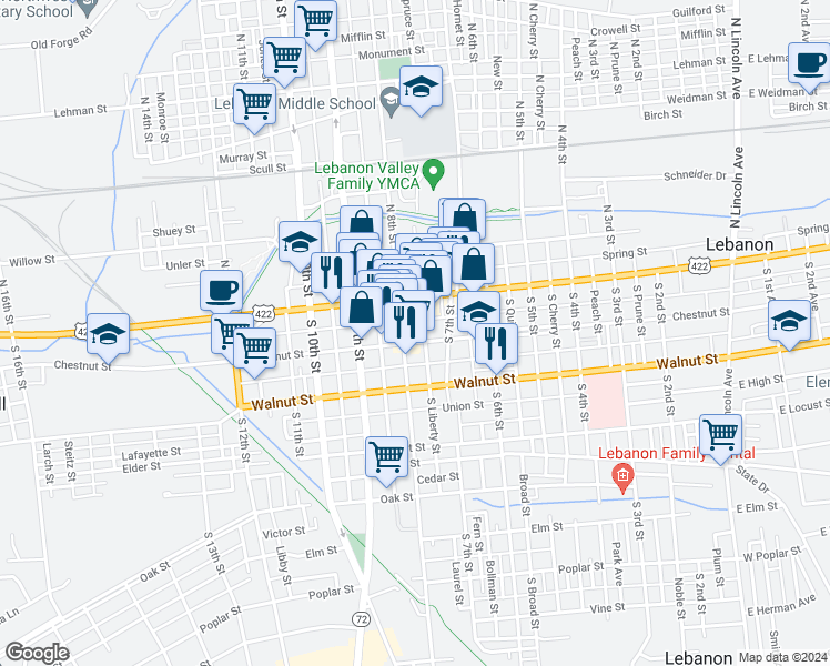 map of restaurants, bars, coffee shops, grocery stores, and more near 724 Chestnut Street in Lebanon