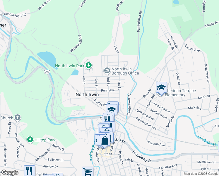 map of restaurants, bars, coffee shops, grocery stores, and more near 29C Penn Avenue in North Irwin