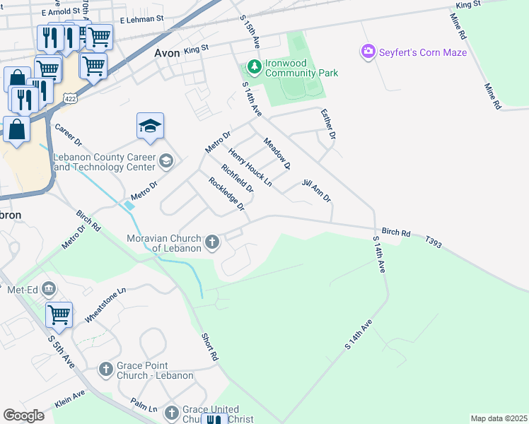 map of restaurants, bars, coffee shops, grocery stores, and more near 1250 Birch Road in Lebanon