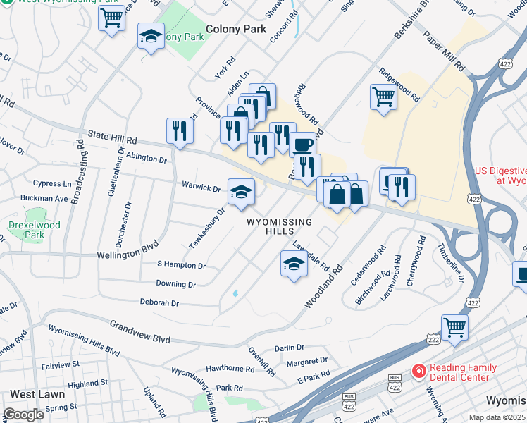 map of restaurants, bars, coffee shops, grocery stores, and more near 36 Lawndale Road in Reading