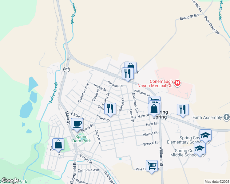 map of restaurants, bars, coffee shops, grocery stores, and more near 508 Barley Street in Roaring Spring