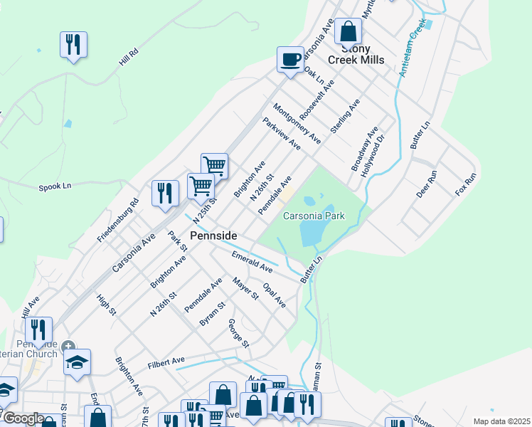 map of restaurants, bars, coffee shops, grocery stores, and more near 815 Penndale Avenue in Reading