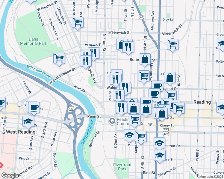 map of restaurants, bars, coffee shops, grocery stores, and more near 134 Walnut Street in Reading