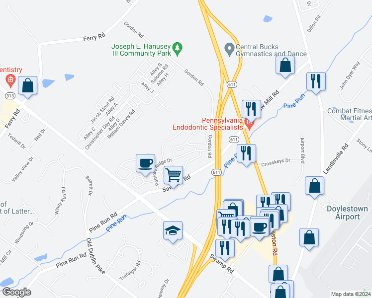 map of restaurants, bars, coffee shops, grocery stores, and more near 5543 Rinker Circle in Doylestown