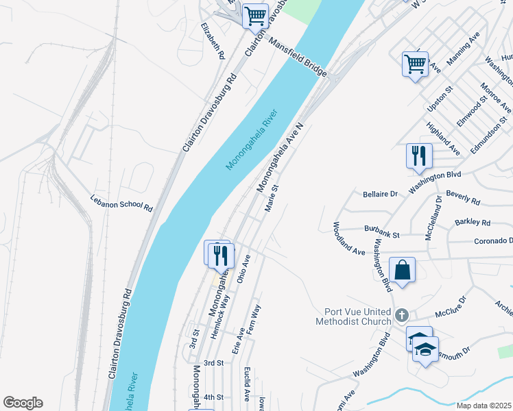 map of restaurants, bars, coffee shops, grocery stores, and more near 307 Marie Street in Glassport